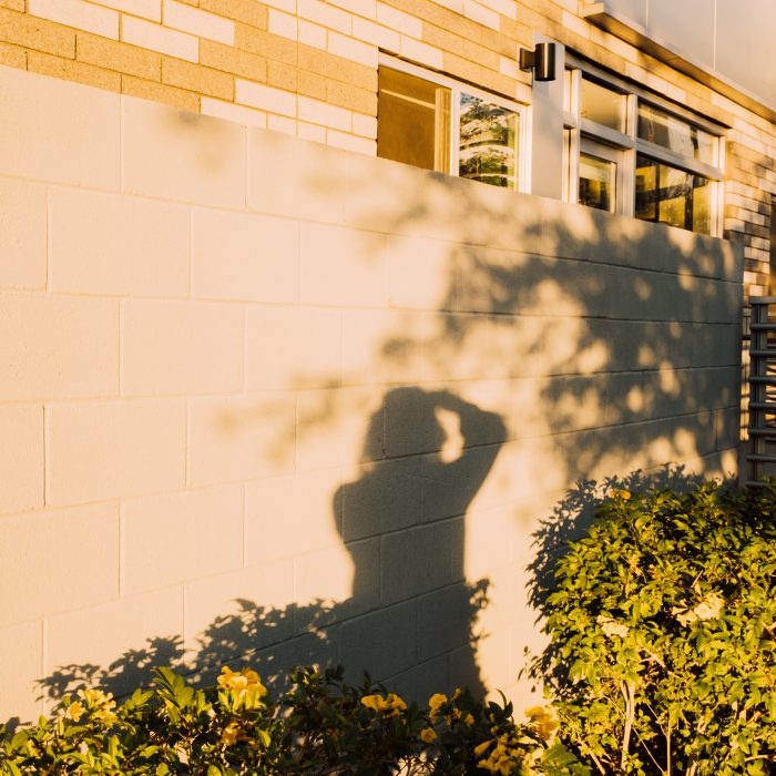 Photo of a silhouette of someone holding a camera to their face on a brick wall.