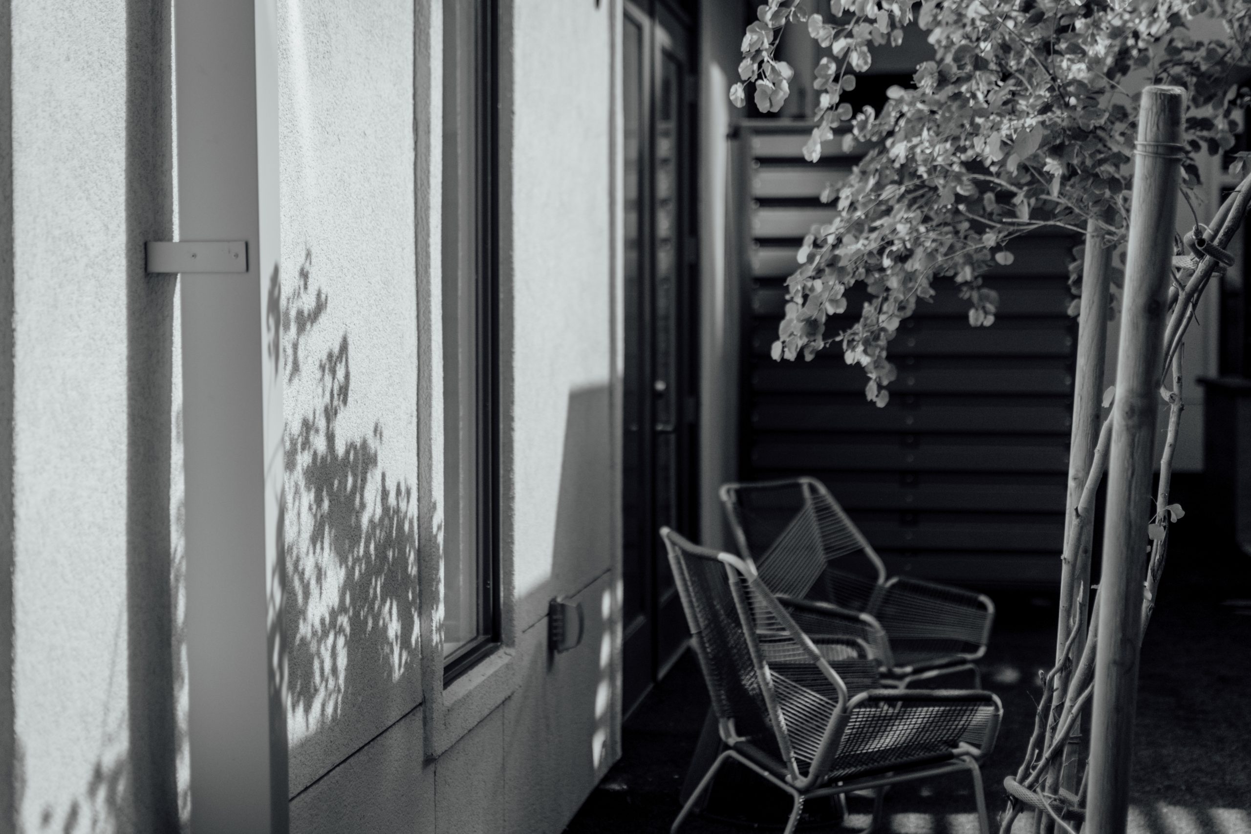 Black and white photo of some outdoor chairs in shadow.