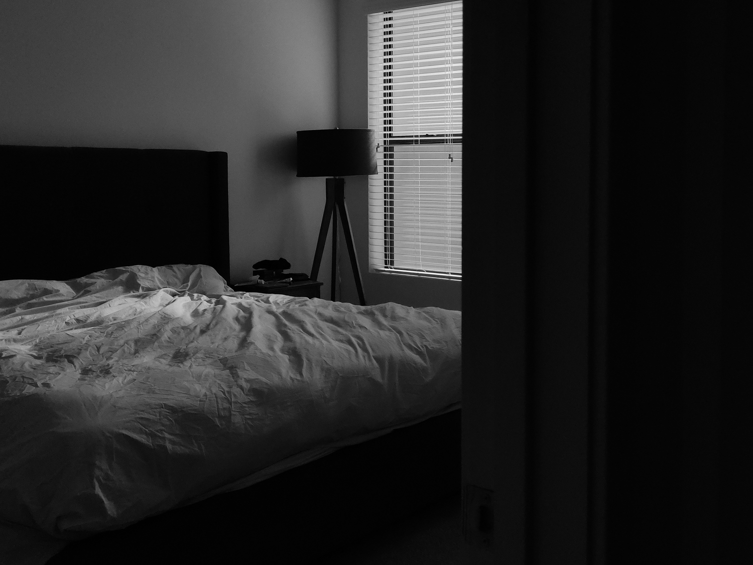 Black and white photo of a bedroom.