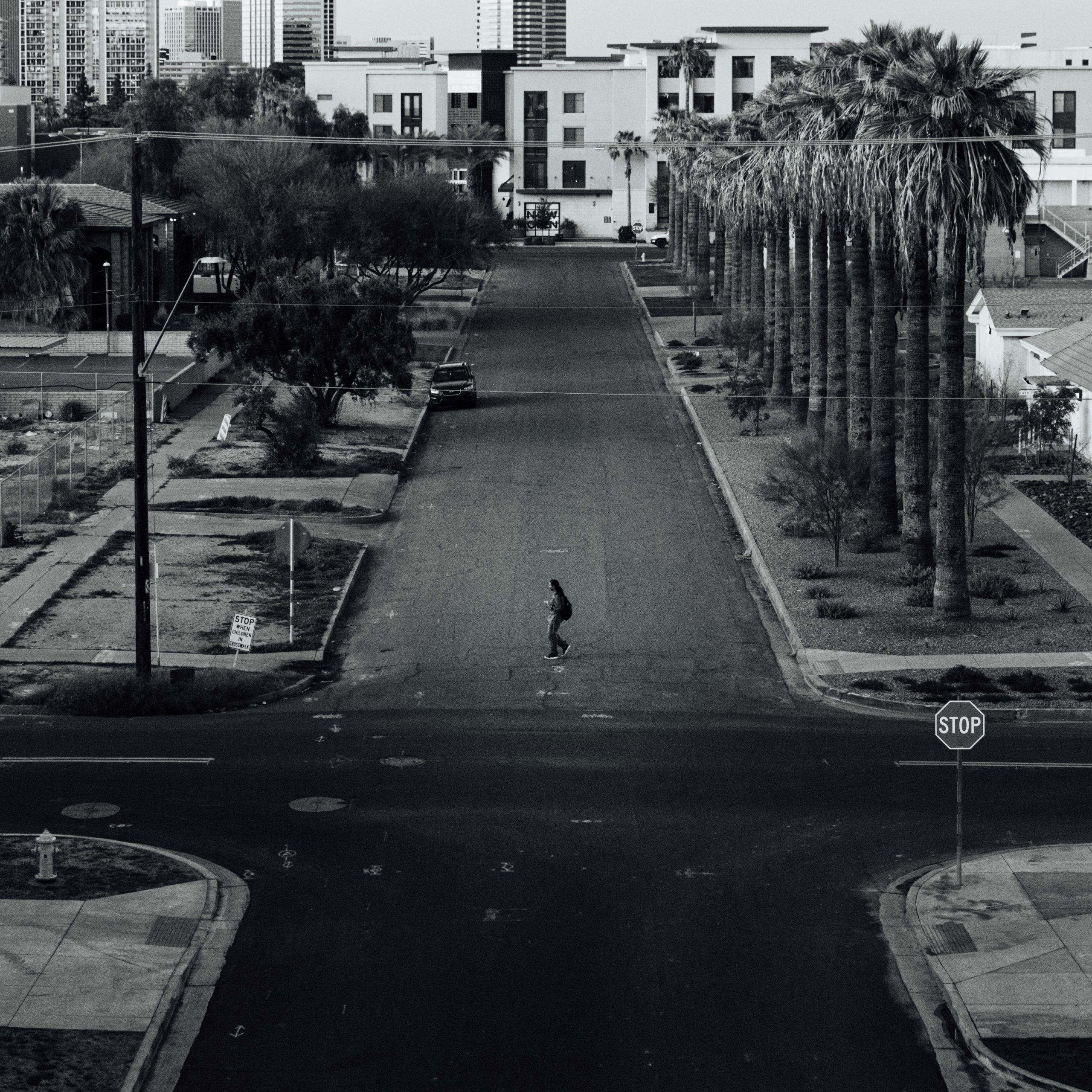 Black and white photo of a person crossing a set of crossroads lined with palm trees on the right.